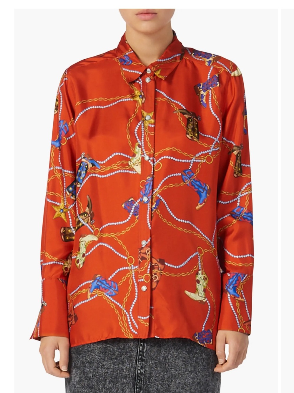 Sandro Paris red silk button-up shirt cowboy boot and chain print.